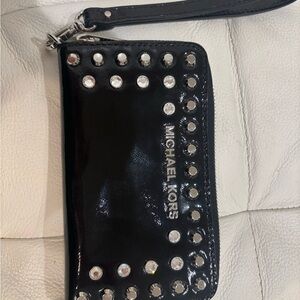 Michael Kors Black Patent Studded Wristlet with Silver Hardware